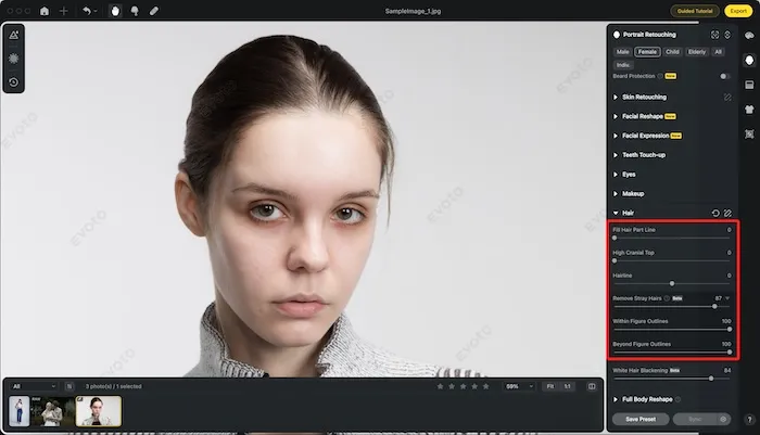 Hair Touch-up Features of Evoto AI