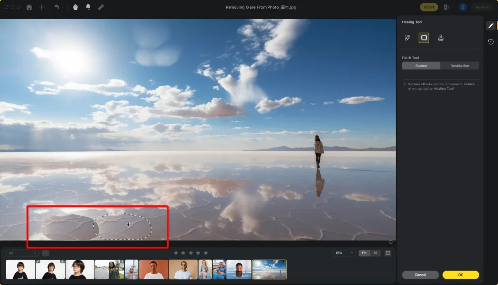 Remove Glare from Photo with Patch Tool in Evoto