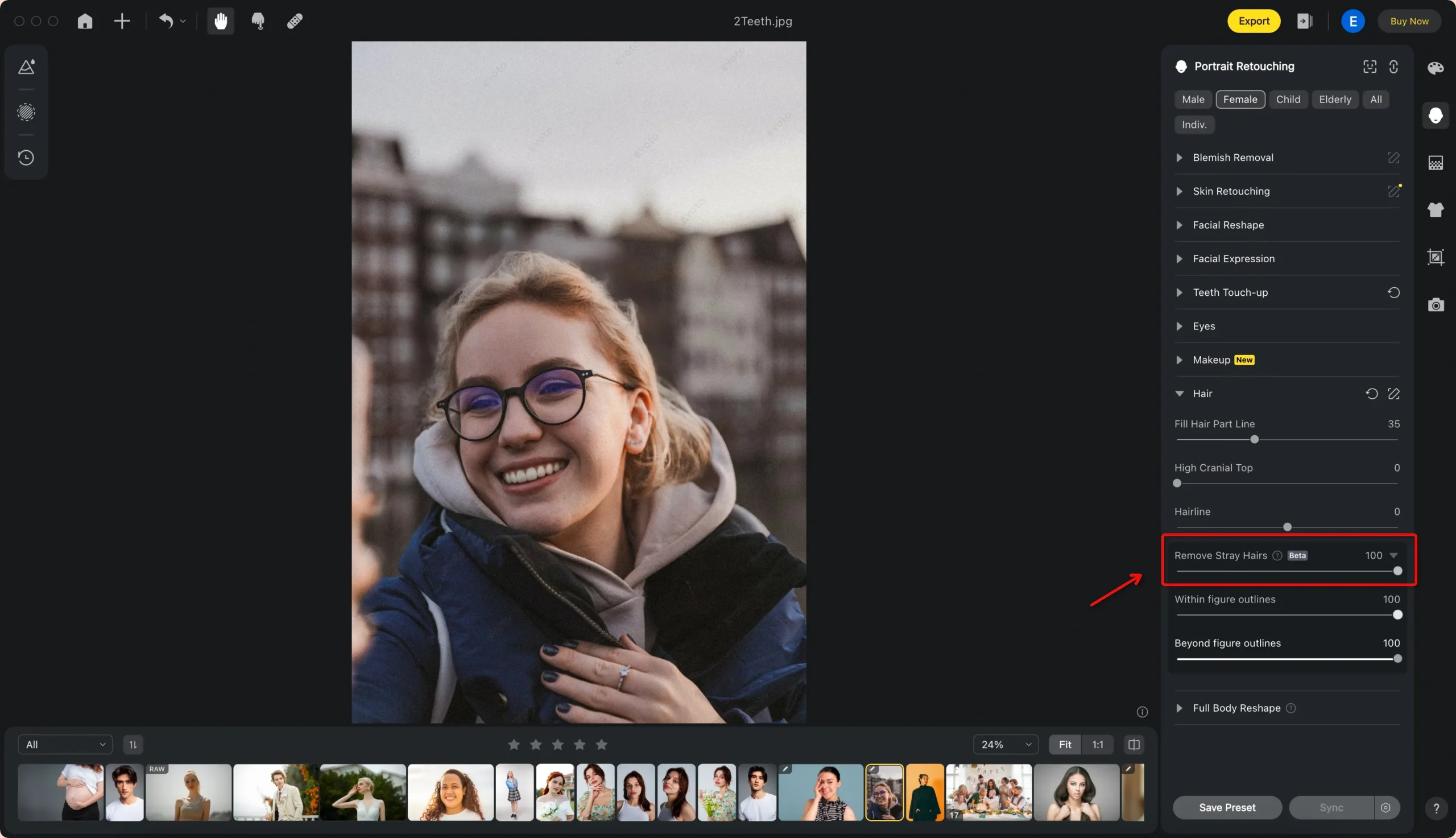 Remove Stray Hairs From Photo with AI scaled Antes e depois ao remover fios arrepiados com IA