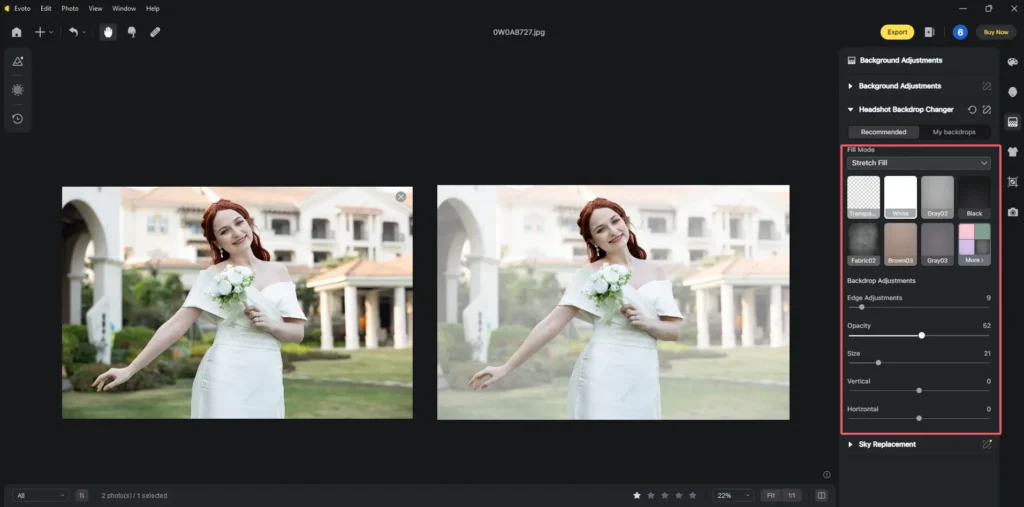 Change the Opacity Intensentity with Evoto AI on a screenshot of a woman in a white dress