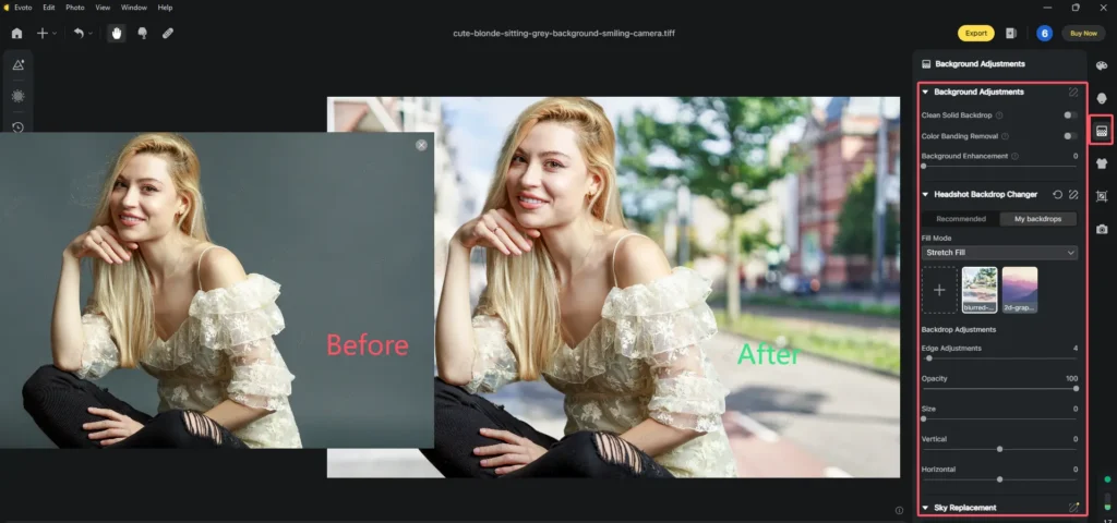 Editing TIFF images with Evoto AI Background Adjustment