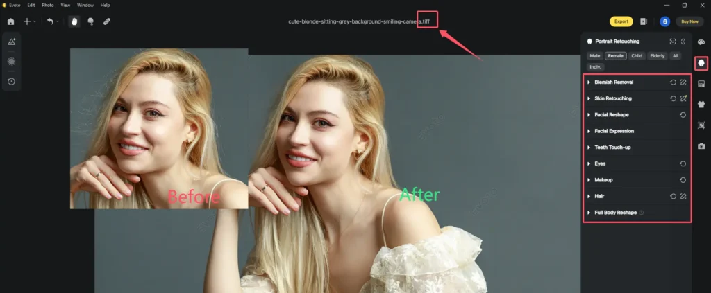 Editing TIFF images with Evoto AI Portrait Retouching