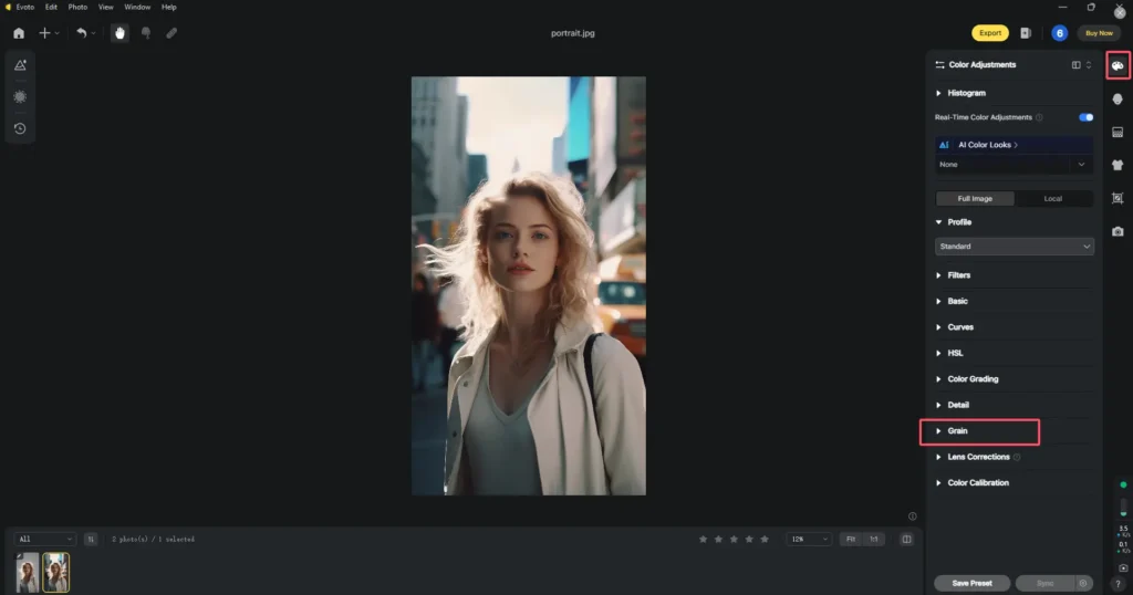 Locate the Film Grain Effect on Evoto AI