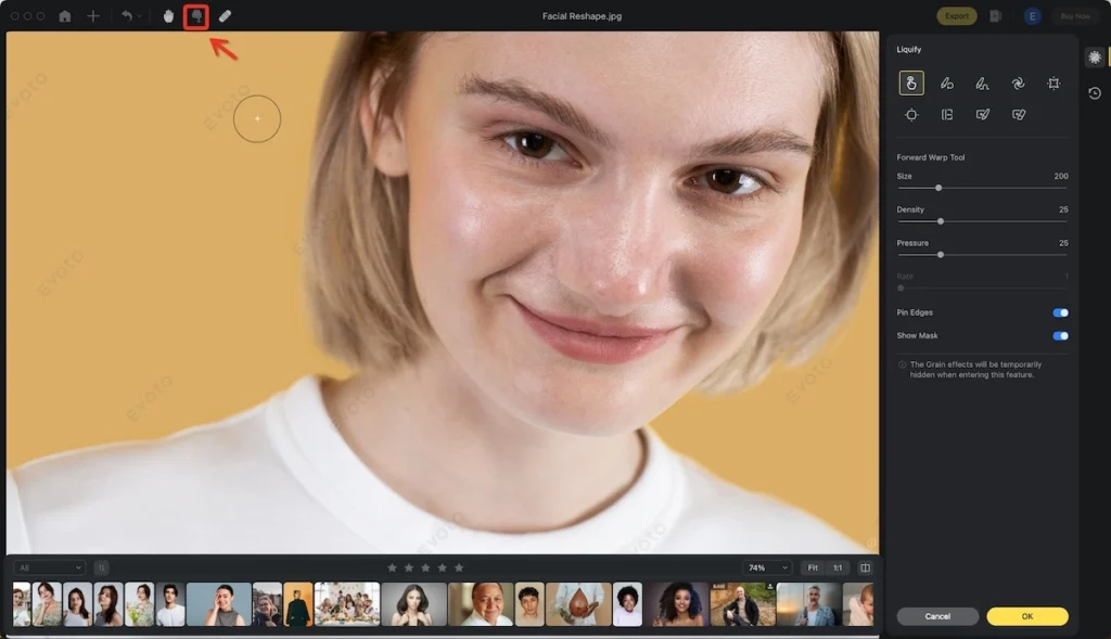 Locate the Liquify Tool in Evoto AI Face Slimming Tool
