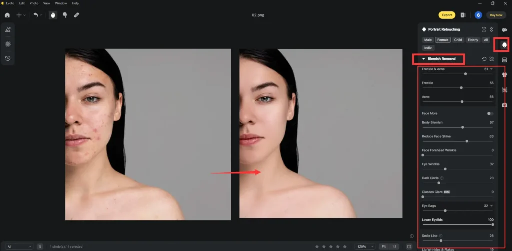 Remove Blemish on Evoto AI Free Photo Retouching Tool