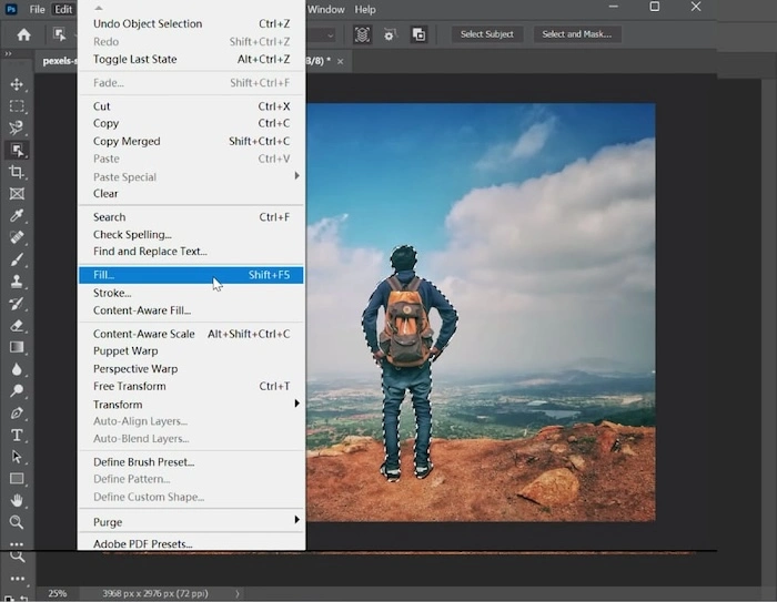 Select Content Aware Fill in Photoshop