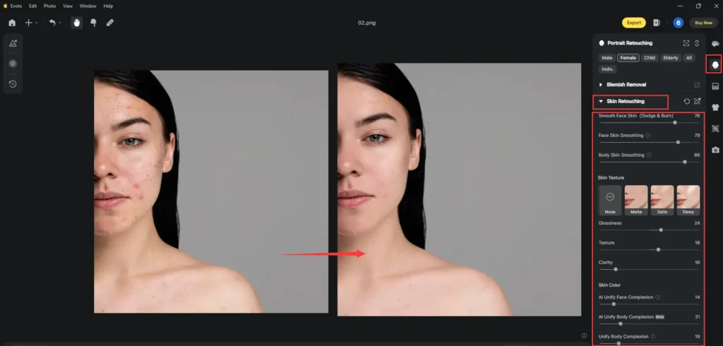 Smoothen Skin on Evoto AI Photo Retouching Free Software