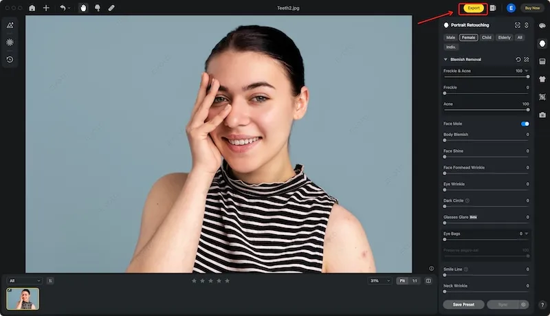 Remove Face Freckles & Acne Removal Photo Export in Evoto AI