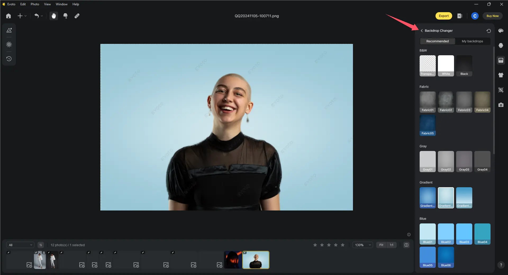 Changer l'arrière-plan noir d'une image avec Evoto AI