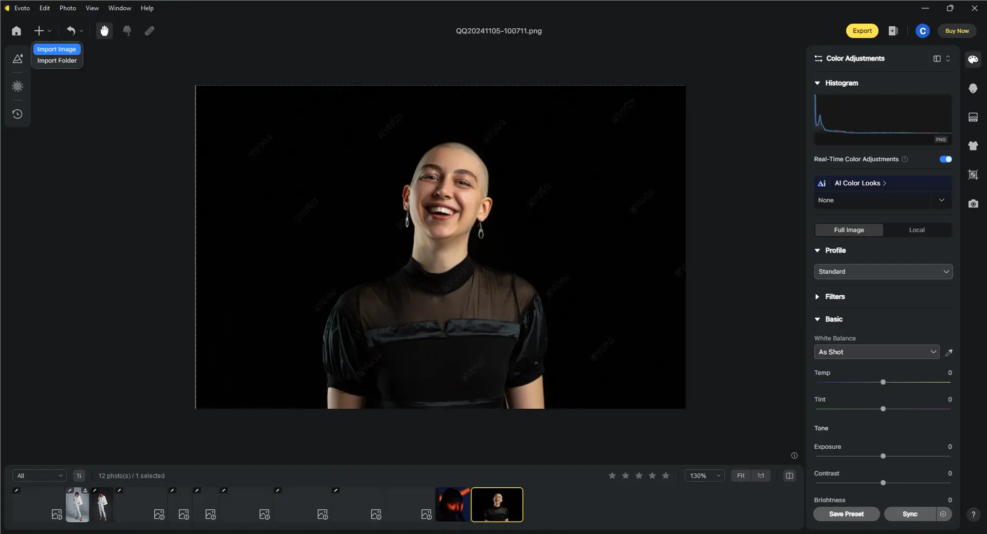 Importer une image avec fond noir dans Evoto AI