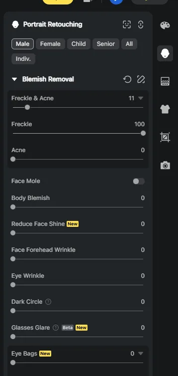 Portrait Retouching Panel of Evoto to Remove Blemish for Black Friday Model Photo