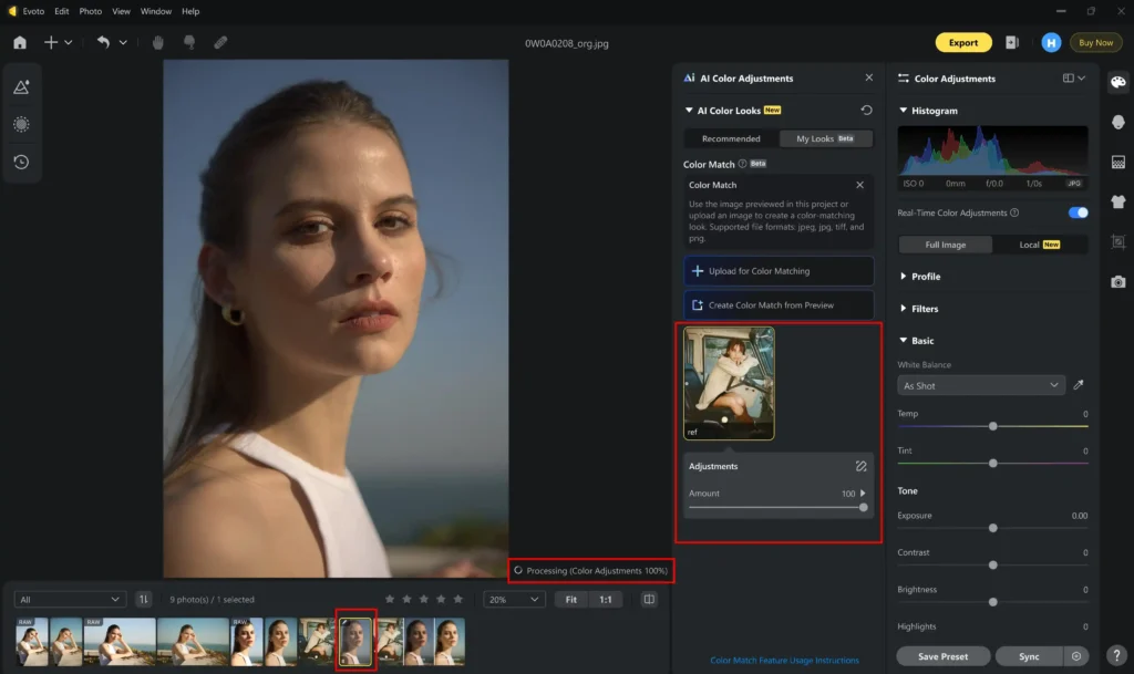 Step 3 Apply AI Color Match and Transfer Reference Photo Color Style on Evoto
