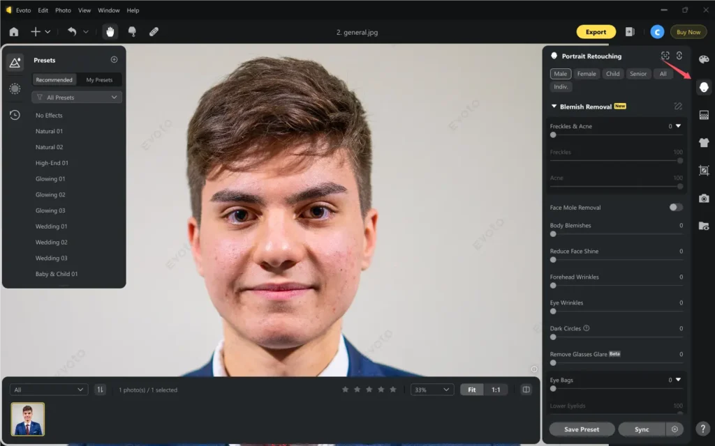 Select Portrait Retouching in Evoto