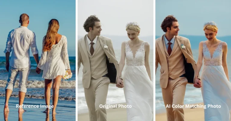 Vorher und Nachherhandlung der Hochzeitsfotos nach Tuerkisem und Orangem AI Color Match Vorher- und Nachherhandlung der Hochzeitsfotos nach Türkisem und Orangem AI Color Match