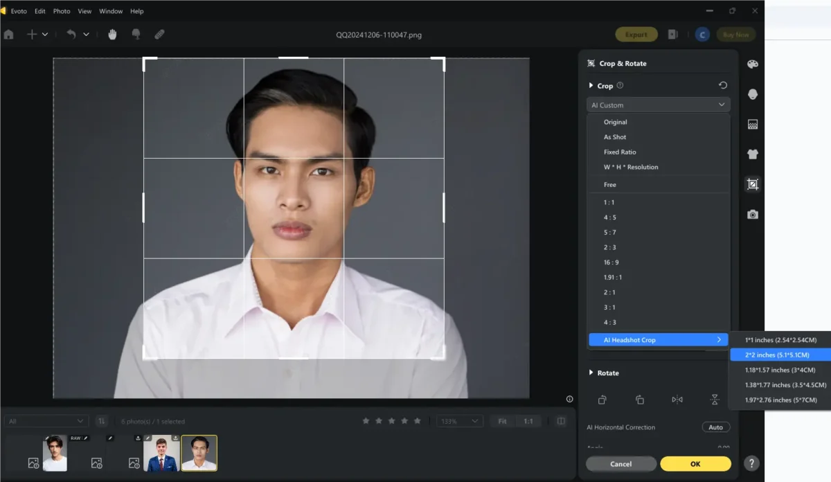 Crop Passport Photo with Evoto AI