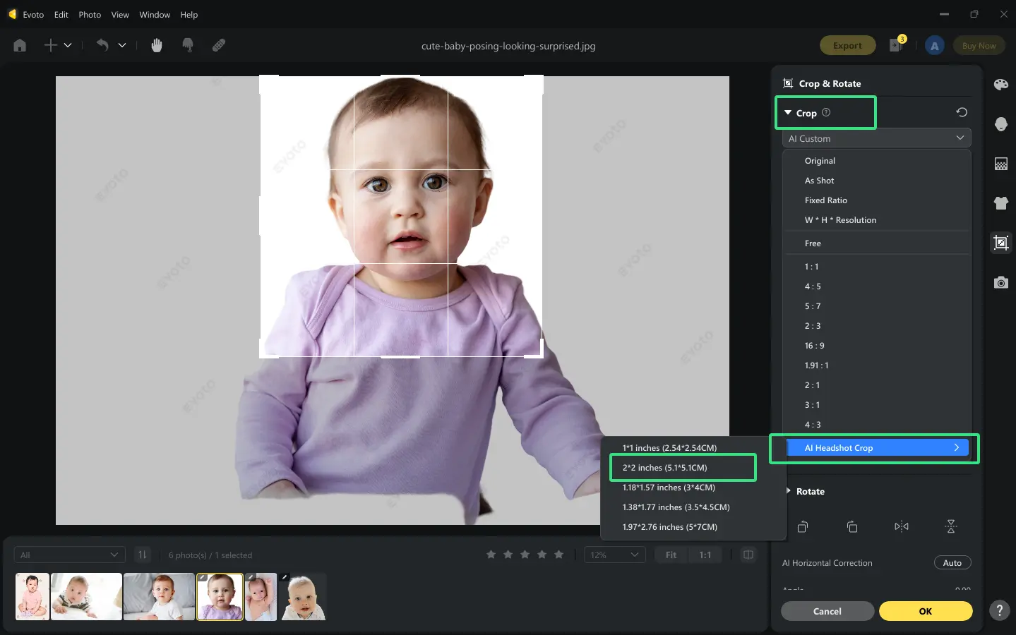 Adjust Face Position and Crop Infant Photo 1 Ajuster la position du visage et recadrer la photo identité nourrisson - Étape 1
