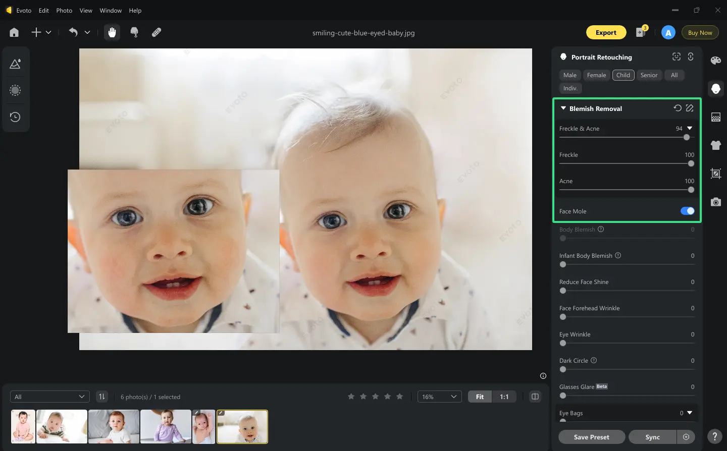 Remove Skin Blemish on Infant Passport Photo 3 Supprimer les imperfections cutanées sur une photo identité nourrisson