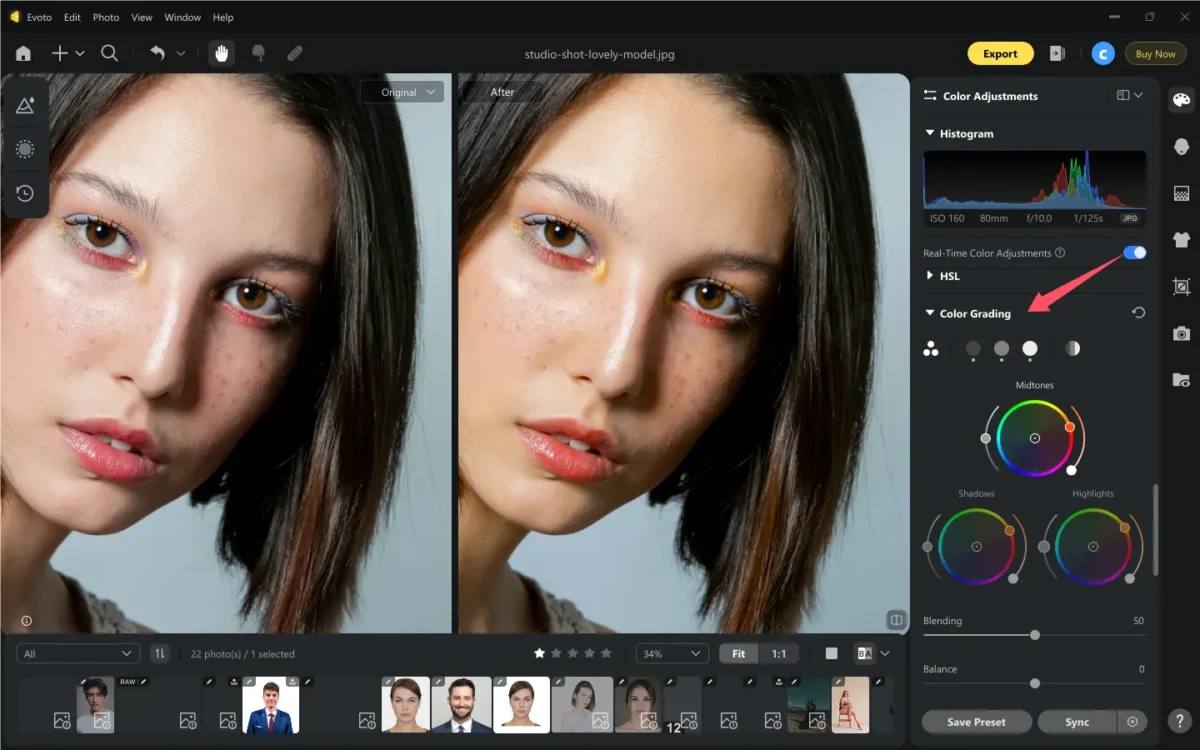 Color Grading in Evoto Color Grading for Portrait Beauty Photo