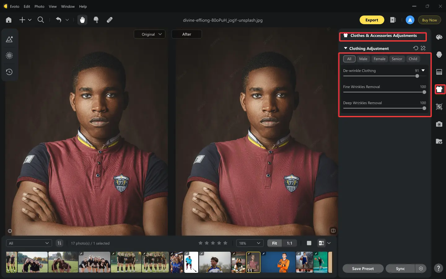 Remove Clothing Wrinkles from Single Athlete Portrait