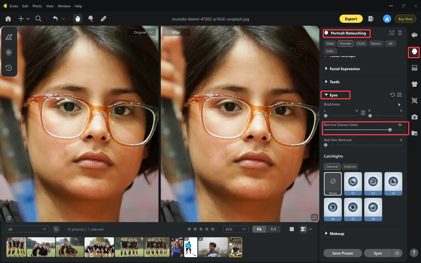 Remove Glasses Glare from Athlete Portrait