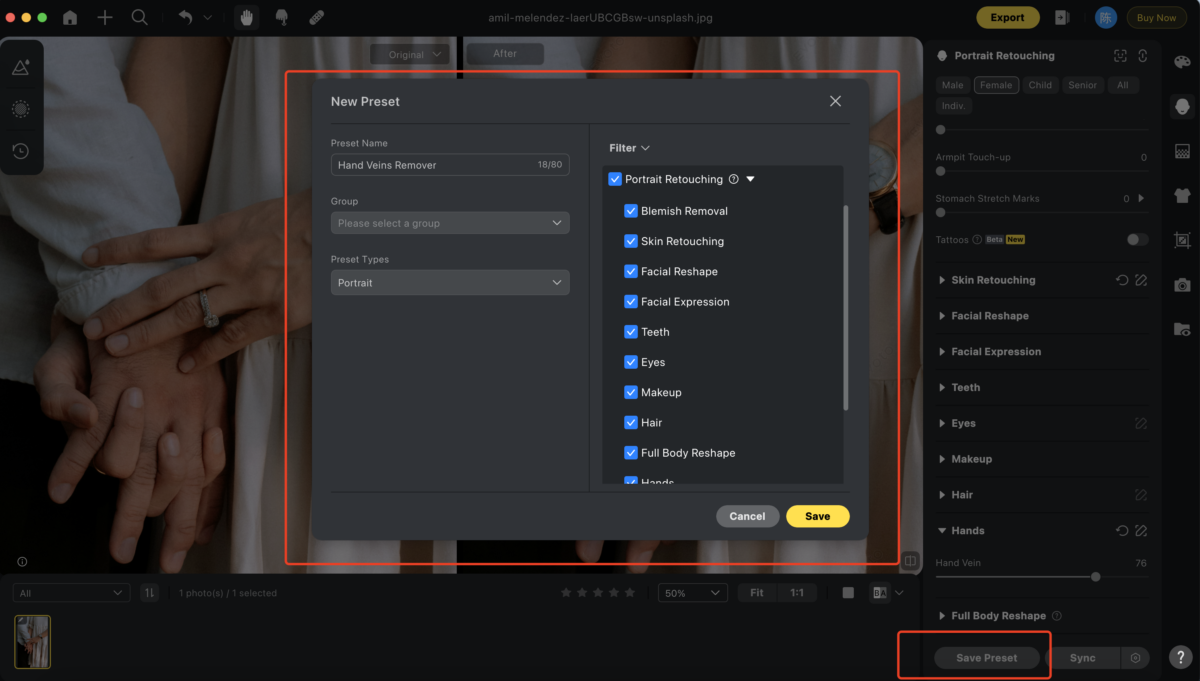 image 2 Save presets to batch-edit multiple hand veins removal images