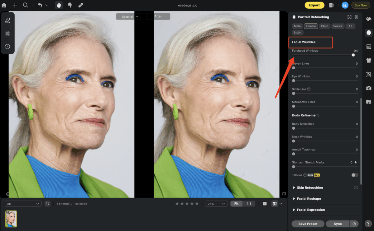 3 Adjust the Forehead Wrinkles Slider