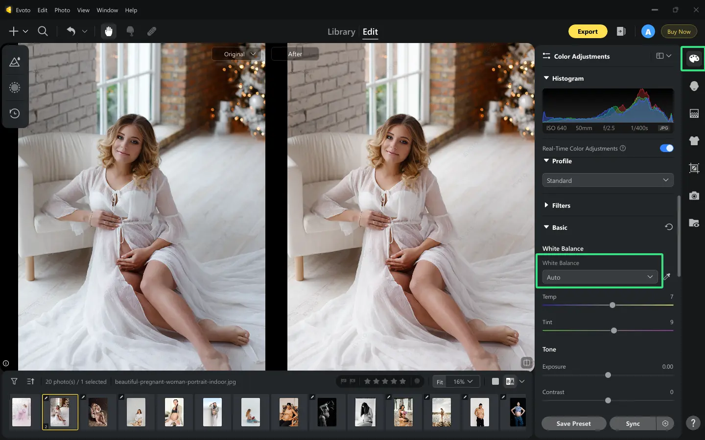 Correction automatique de la balance des blancs pour une photo grossesse