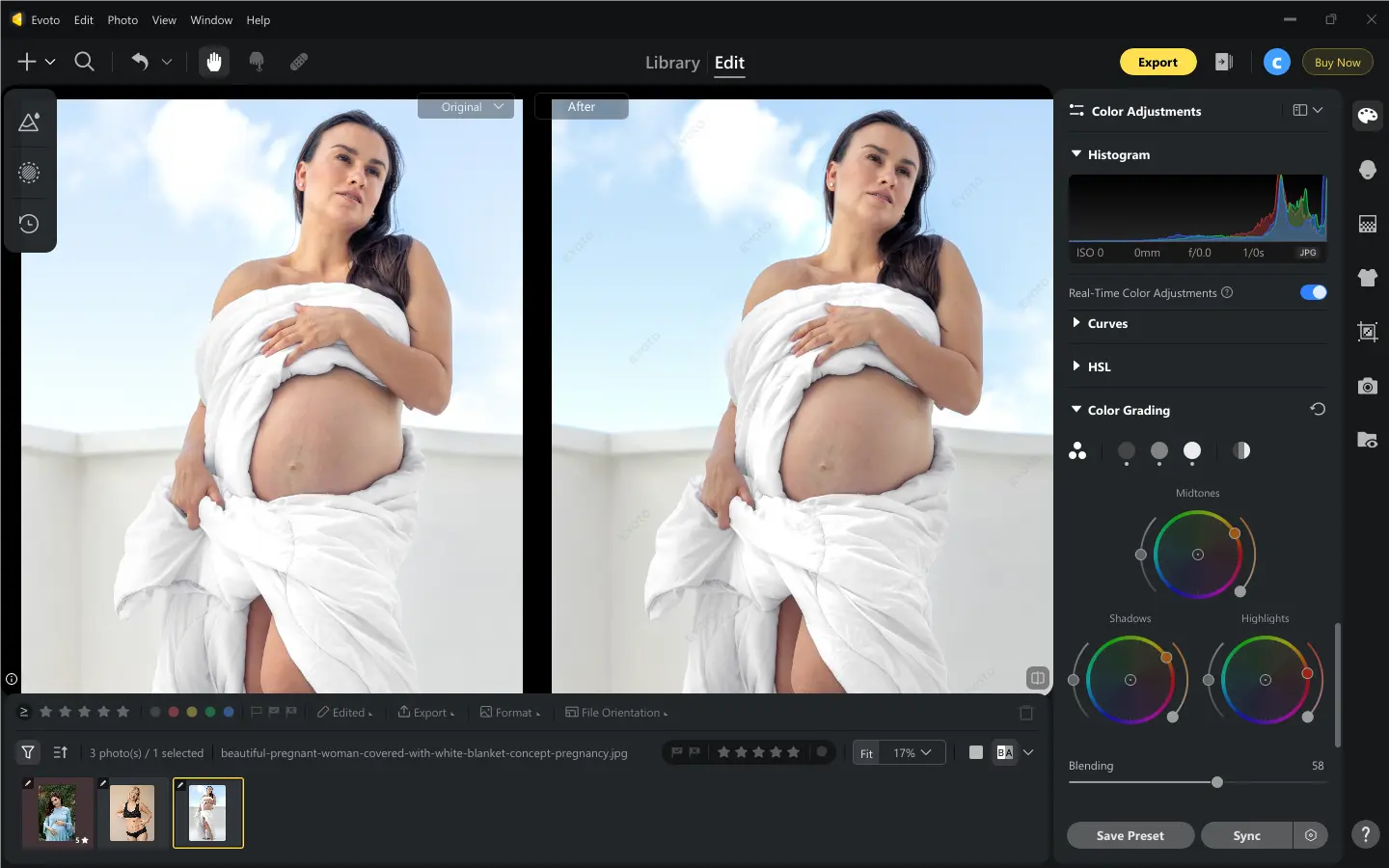 Color Grading in Evoto Étalonnage des couleurs dans Evoto pour une photo grossesse