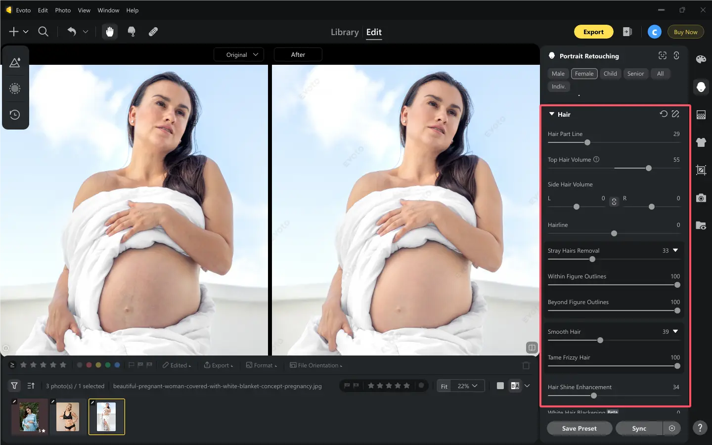 Hair Editing in Evoto Retouche des cheveux dans Evoto pour une photo maternité