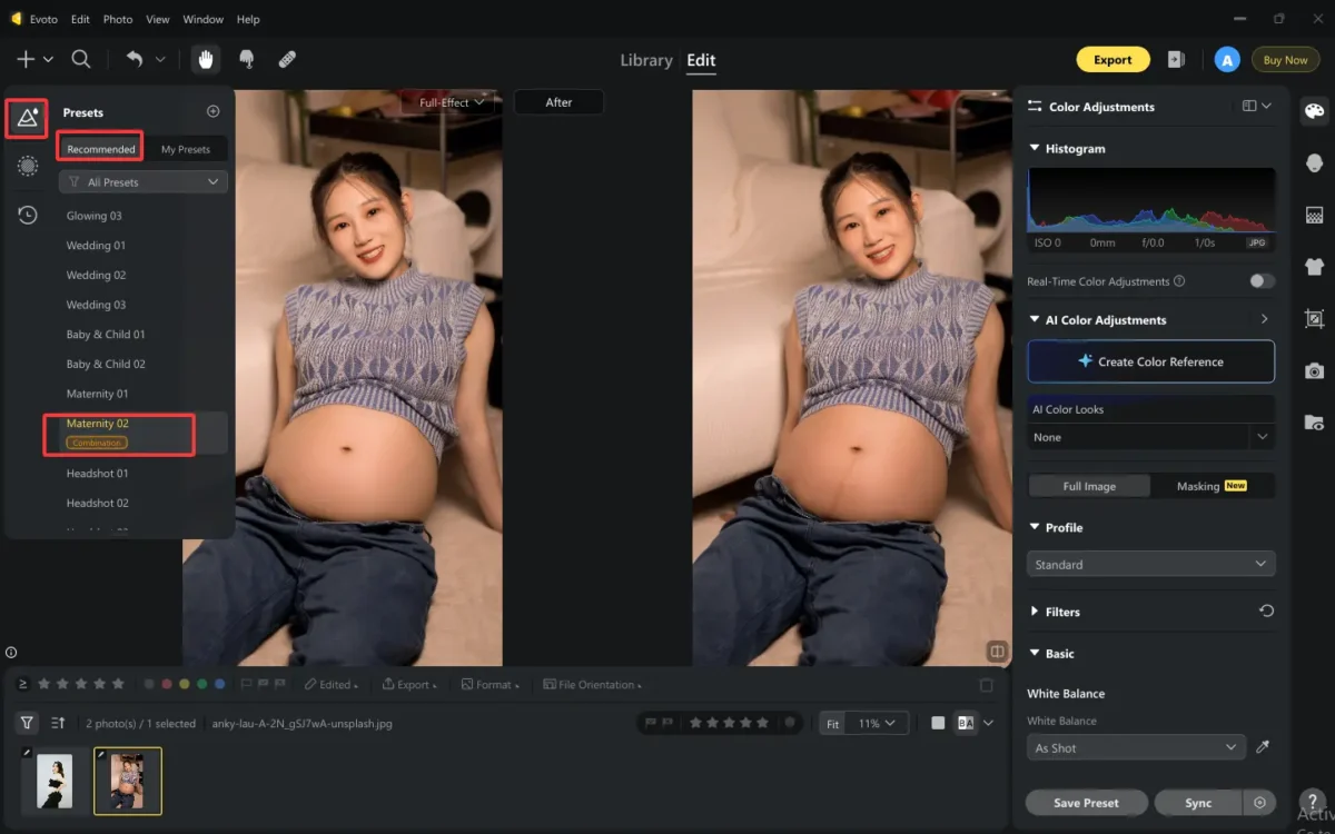 One-Click Maternity Presets on Evoto AI