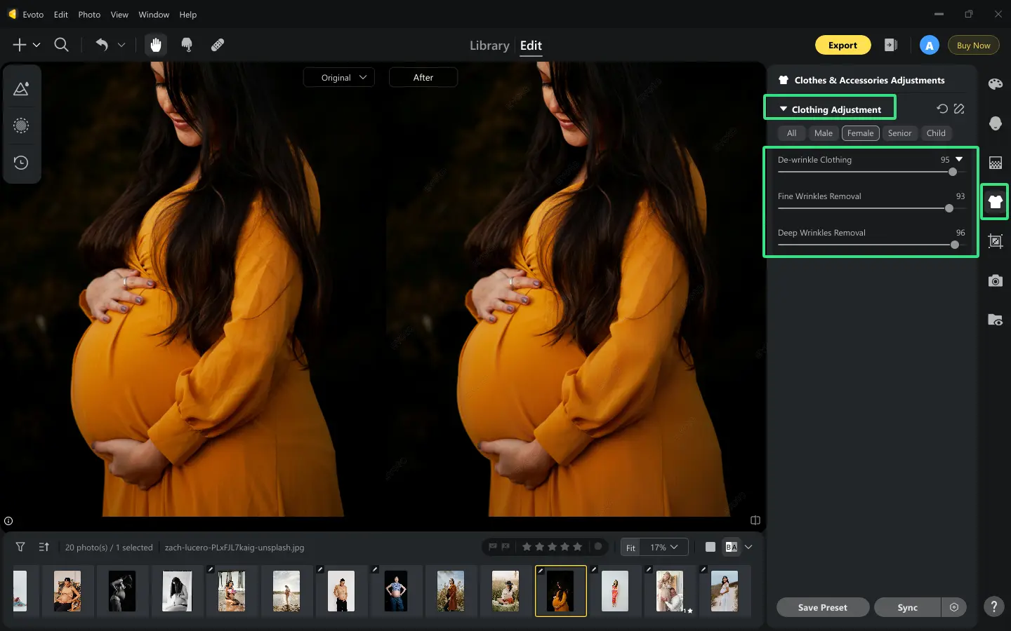 Suppression des plis de vêtements sur une robe photo grossesse