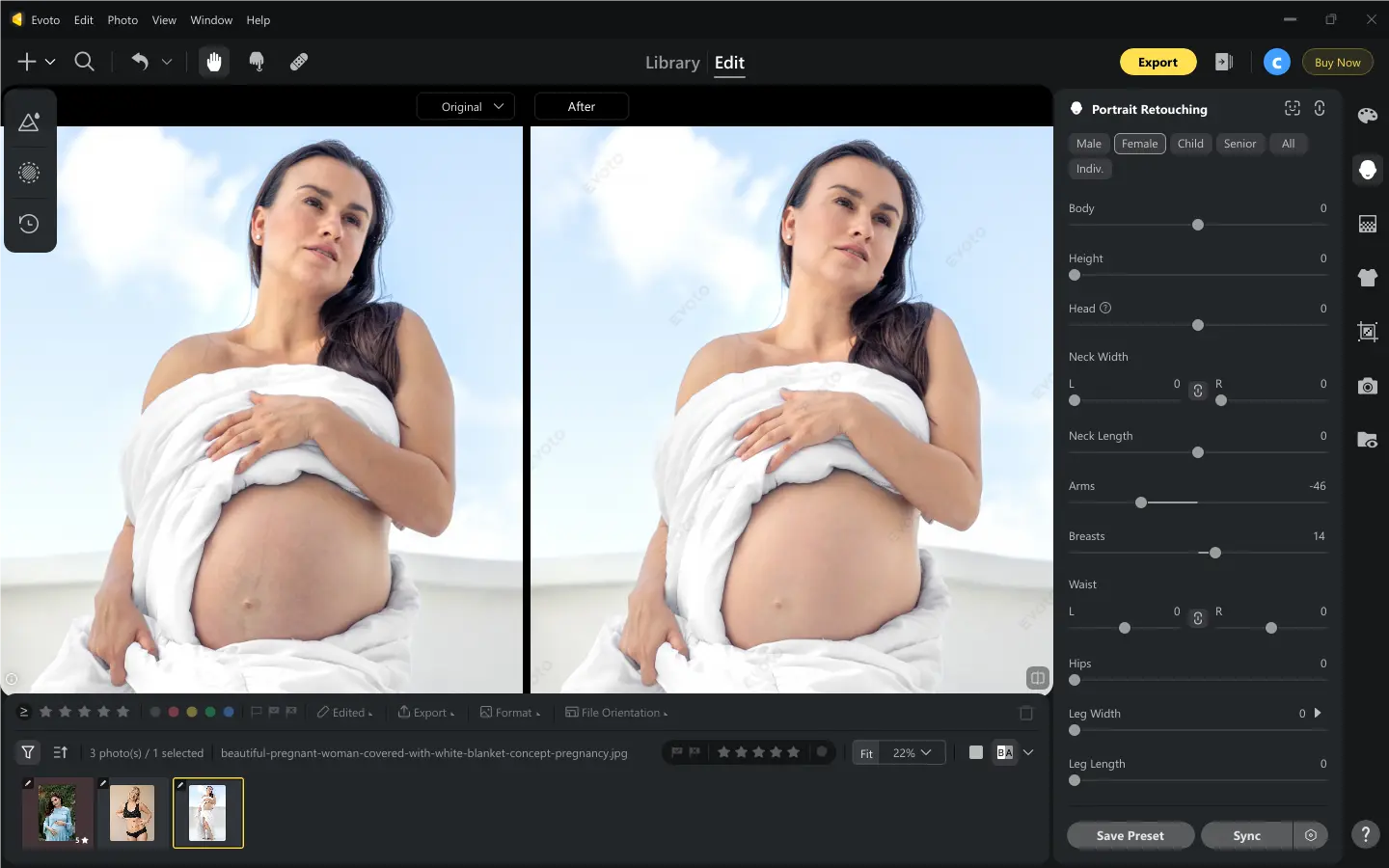 Reshape Arms and Breasts Retouche des bras et de la poitrine sur une photo de grossesse