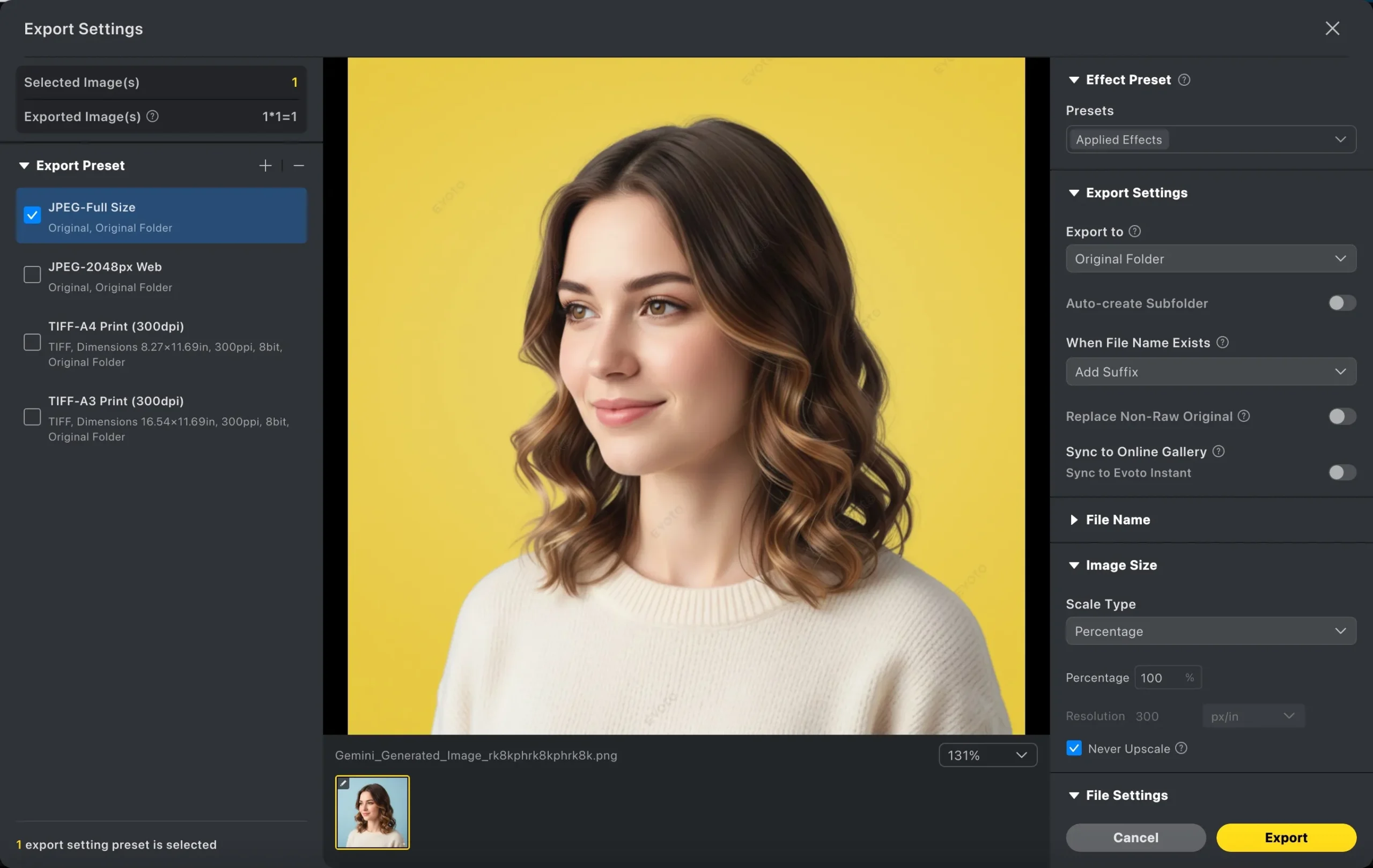 Exporter l'image avec un nouveau fond dans Evoto AI
