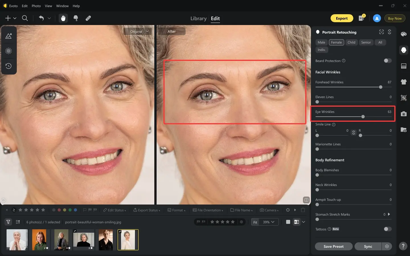 Adjust the Eye Wrinkle Removal Strength
