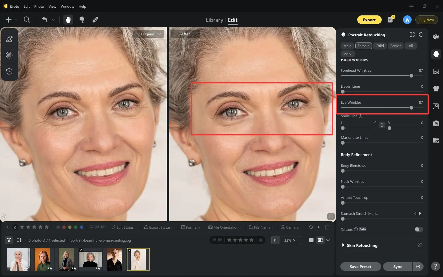 Adjust the Eye Wrinkle Removal Strength with Mask Tool