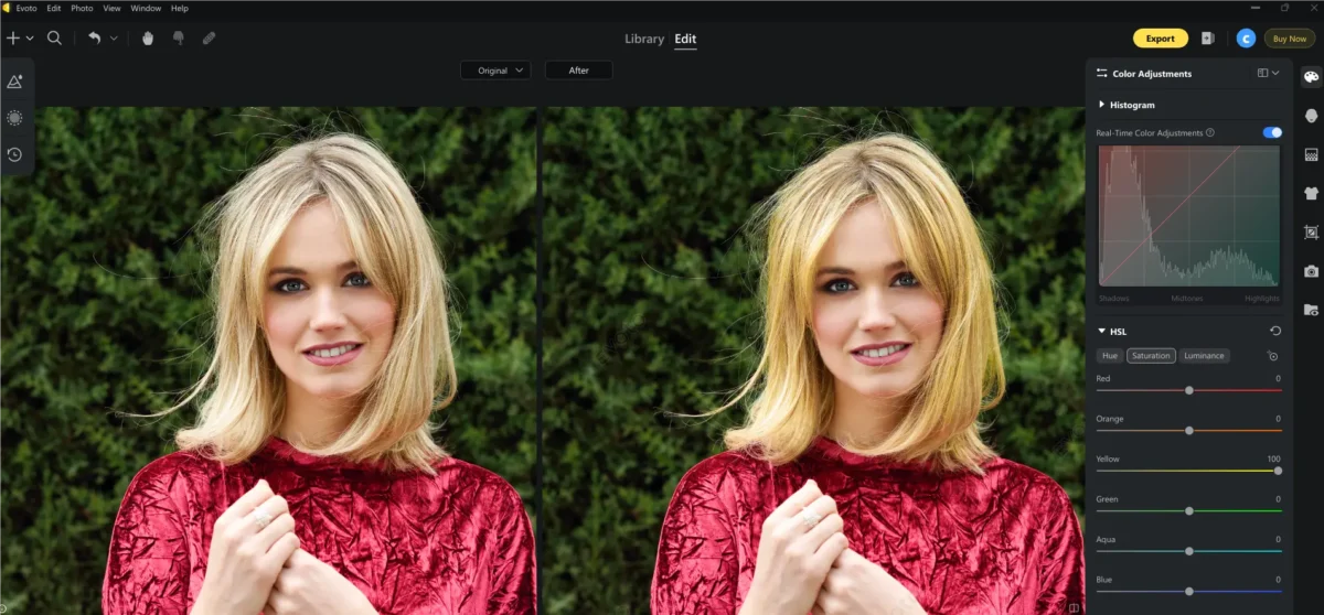 Manually Adjust Hair Color in Evoto Alt= Manually Adjust Hair Color in Evoto