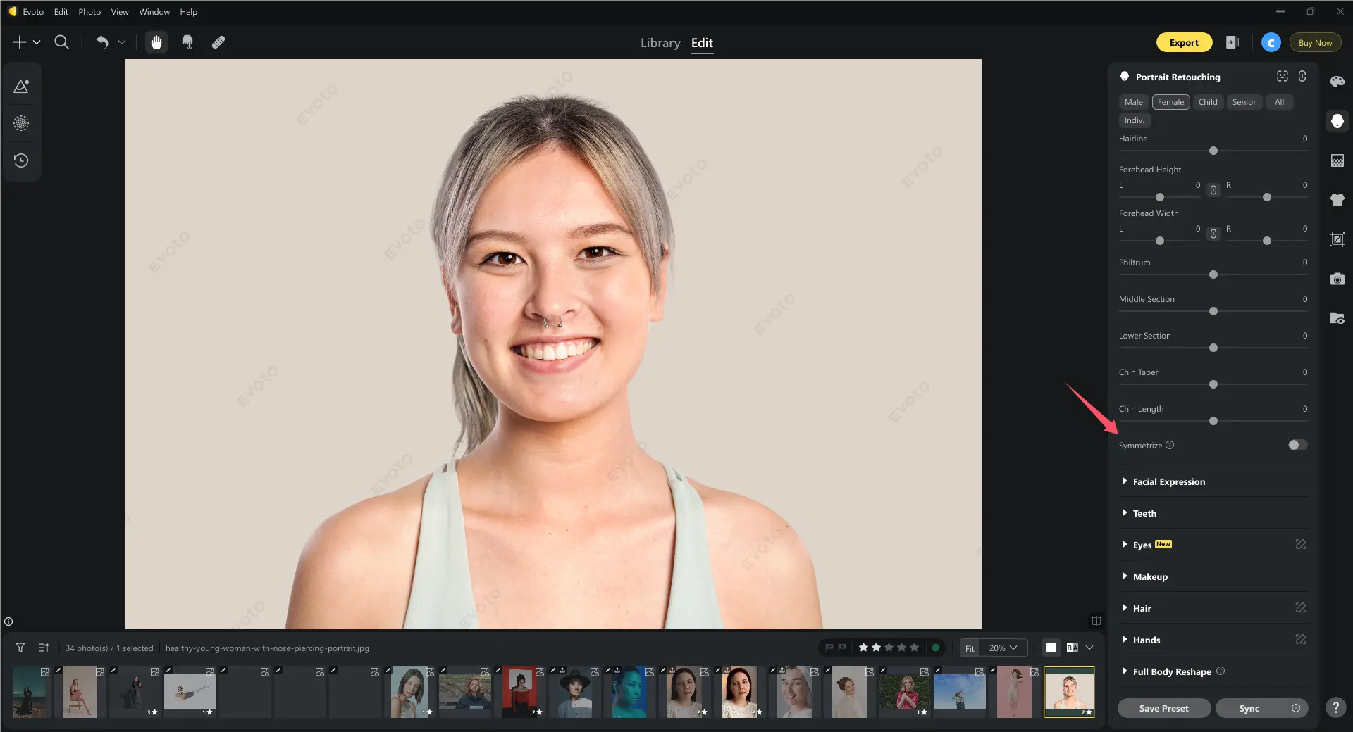 Navigate to the Facial Symmetrize Feature Navigate to the Facial Symmetrize Feature