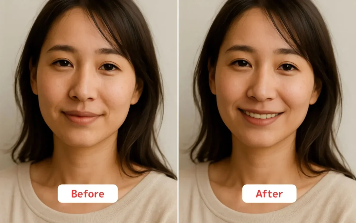 歯を見せた笑顔を生成する前と後の比較画像