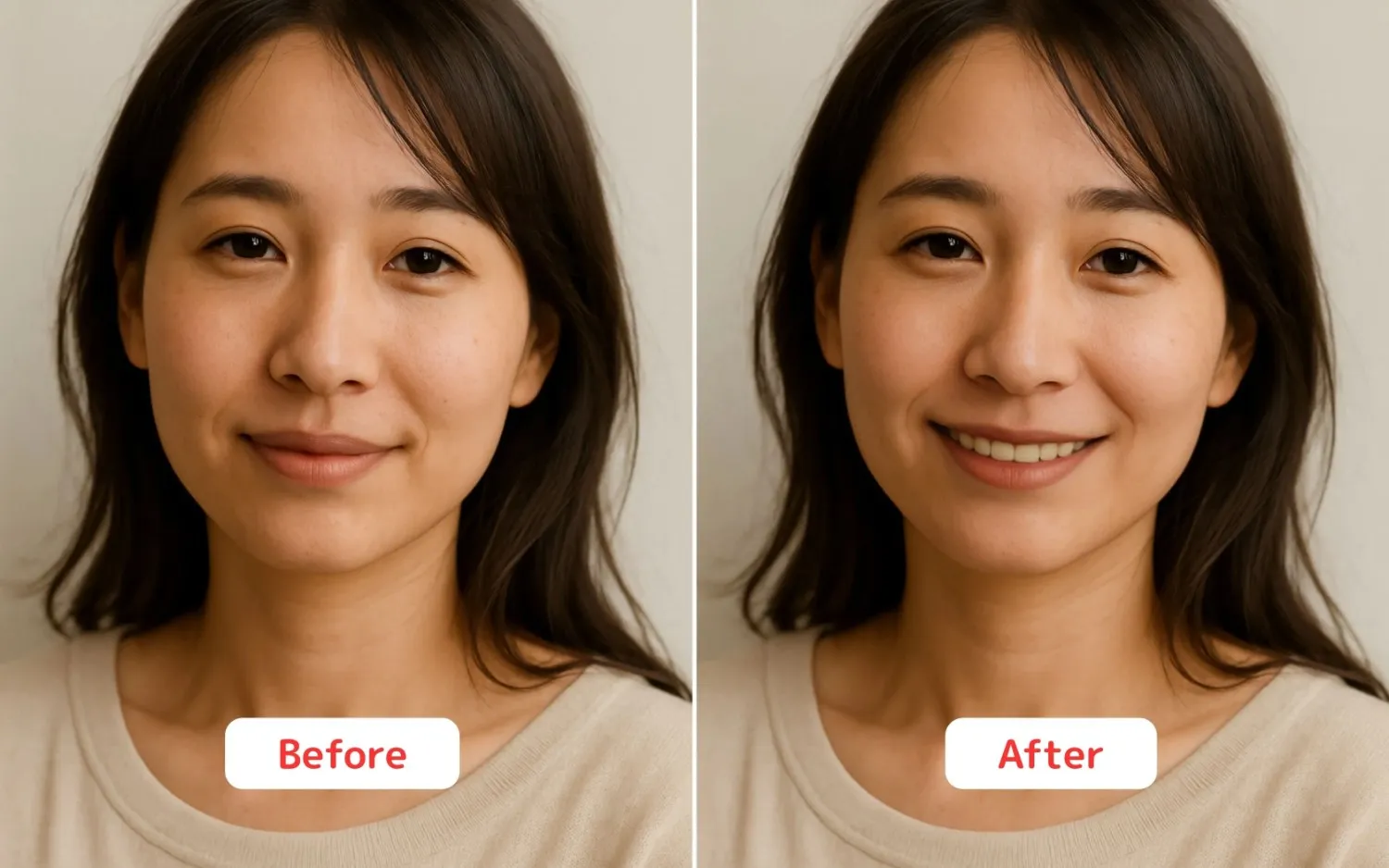 歯を見せた笑顔を生成する前と後の比較画像