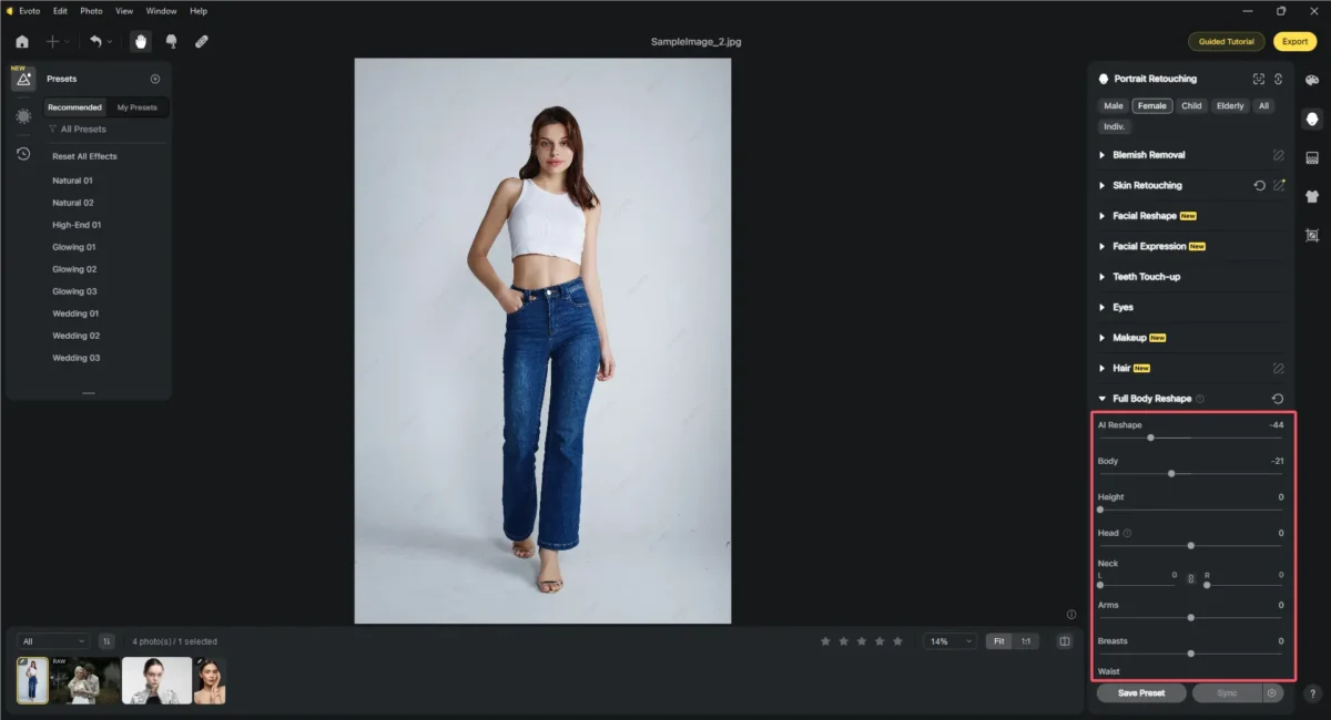 Editar o corpo na foto com o Evoto