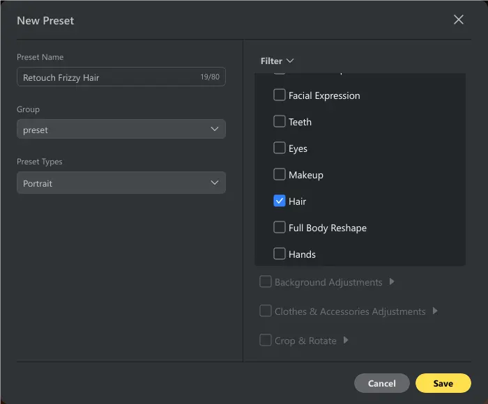 Save Hair Editing Preset
