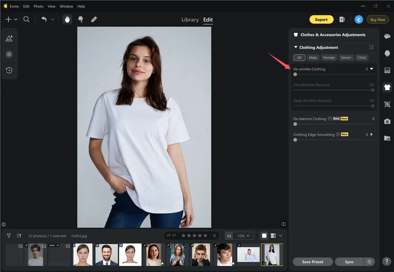 De-wrinkle Clothing in Evoto AI