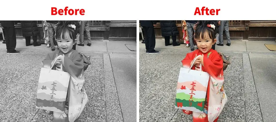 白黒写真カラー化前後の比較画像