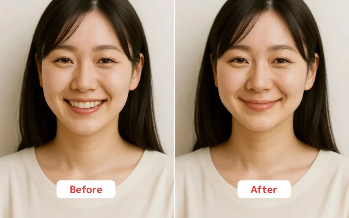 歯を見せた笑顔から口を閉じた自然な上品な微笑みに調整したビフォーアフター