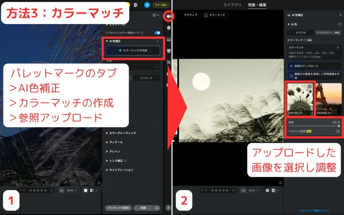 参照画像をアップロードしてAIカラーマッチを適用して白黒に加工