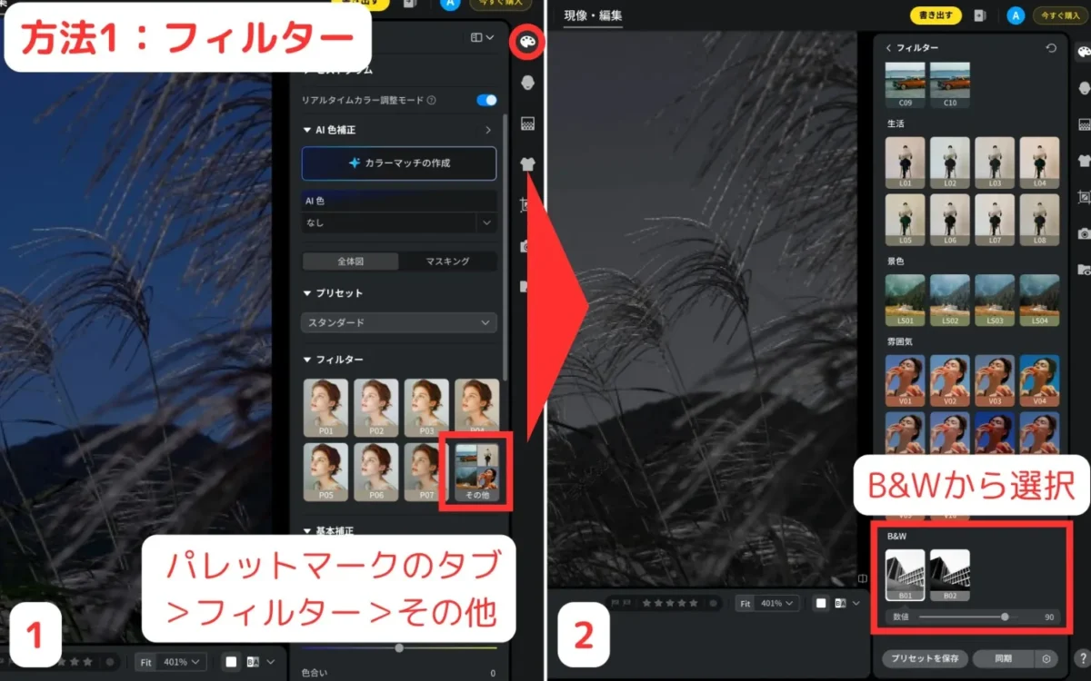 フィルターからB＆Wを選択して白黒加工を適用