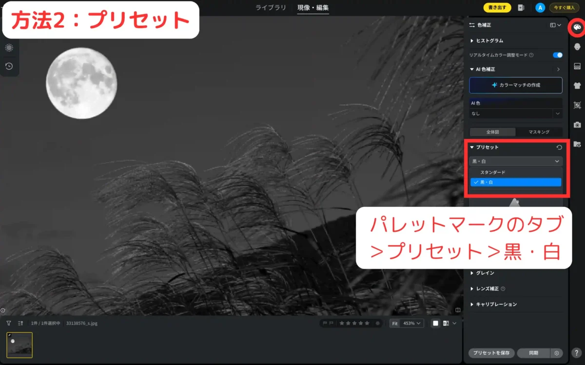 プリセットから黒・白を選択して白黒化