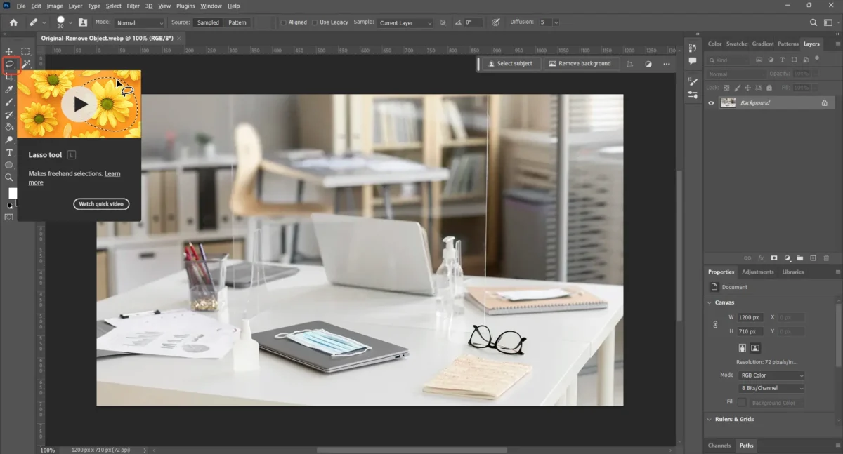 Find Lasso Tool and Select Unwanted Object in Photoshop