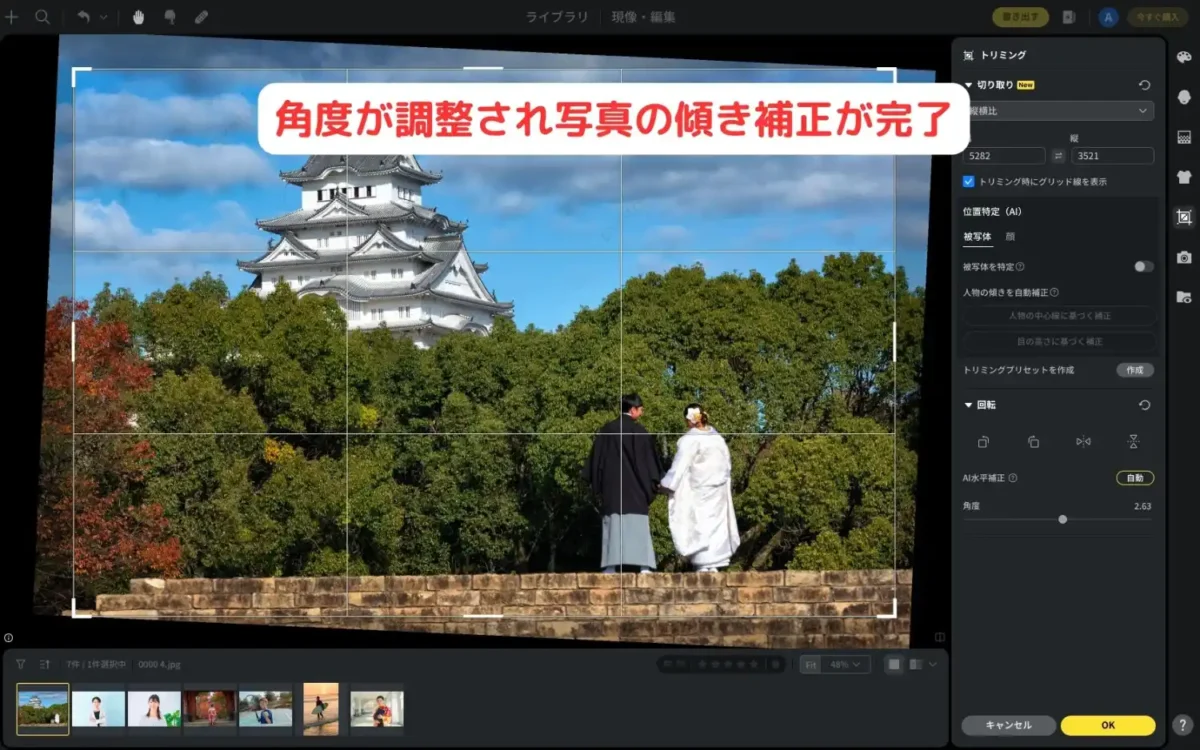 Evoto AIの傾き補正により水平線がまっすぐになった写真の画面