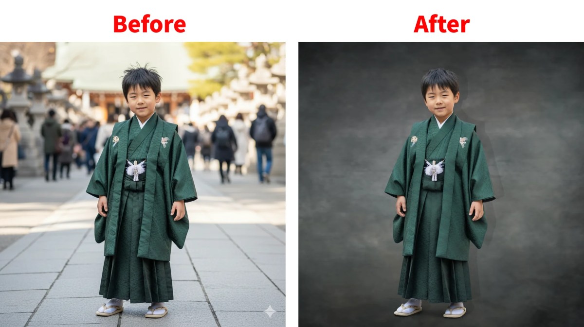 七五三写真で背景補正前後の比較画像